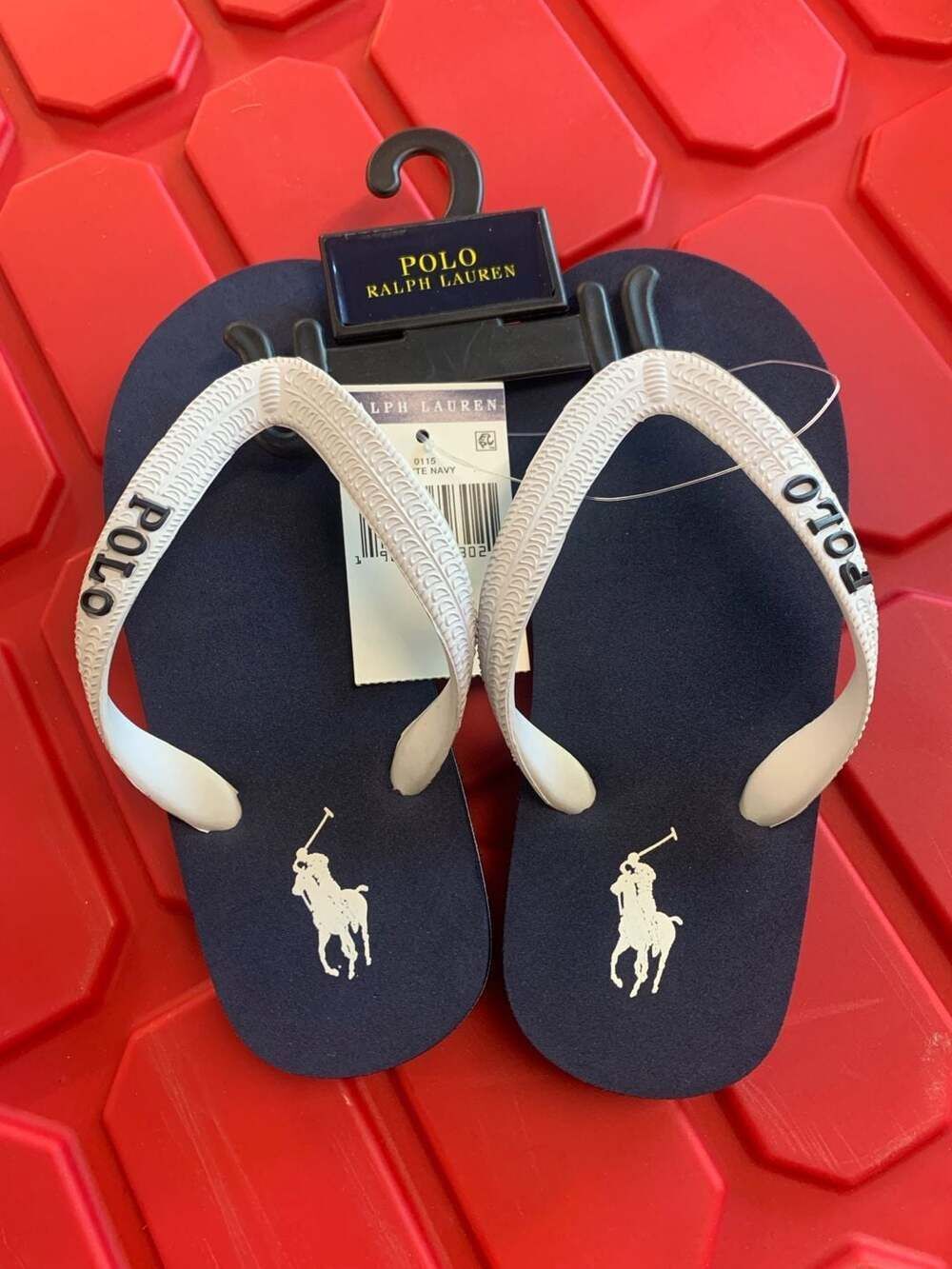 Polo Ralph Lauren Camino Navy and White Big Pony Flip Flops Boys Size 12 NEW